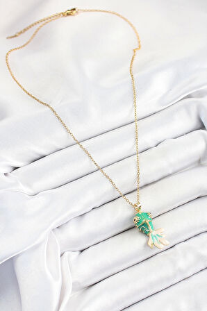 316L Çelik Zincir Yeşil Balık Model Gold Renk Kadın Kolye