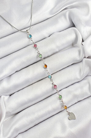 Pirinç Gümüş Renk Karışık Renk Zirkon Taşlı Y Kadın Kolye