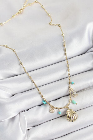 Pirinç Zirkon Taşlı Deniz Kabuğu Model Gold Renk Kadın Kolye