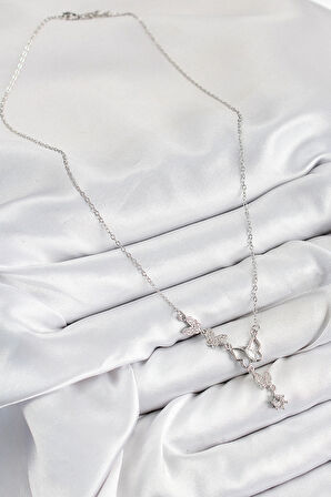 316L Çelik Zirkon Taşlı Kelebek Model Gümüş Renk Kadın Kolye