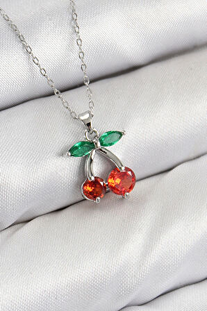 Pirinç Zirkon Taşlı Kiraz Model Gümüş Renk Kadın Kolye