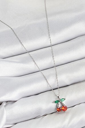 Pirinç Zirkon Taşlı Kiraz Model Gümüş Renk Kadın Kolye