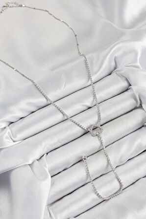 Pirinç Zirkon Taşlı Kalp Model Gümüş Renk  Y Kolye