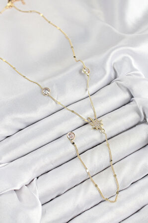 Pirinç Zirkon Taşlı Kutup Yıldızı Model Gold Renk Y Kolye