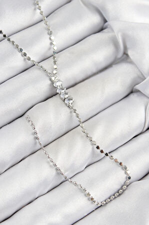 Pirinç Zirkon Taşlı Ezme Zincirli Model Gümüş Renk Y Kolye