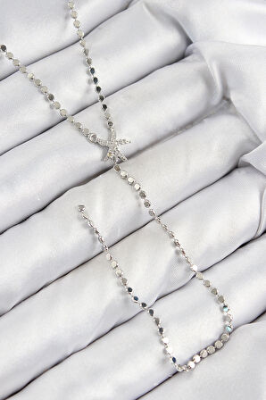 Pirinç Zirkon Taşlı Ezme Zincirli Deniz Yıldızı Model Gümüş Renk Y Kolye