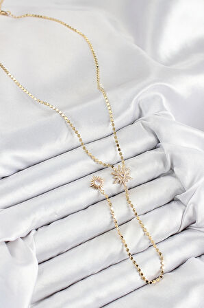 Pirinç Zirkon Taşlı Ezme Zincirli Kutup Yıldızı Model Gold Renk Y Kolye