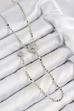 Pirinç Zirkon Taşlı Ezme Zincirli Madalyon Model Gümüş Renk Y Kolye