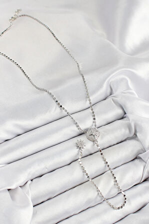 Pirinç Zirkon Taşlı Ezme Zincirli Madalyon Model Gümüş Renk Y Kolye