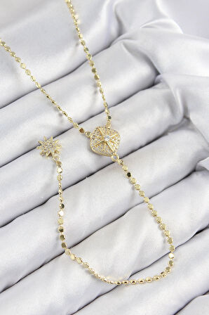 Pirinç Zirkon Taşlı Ezme Zincirli Madalyon Model Gold Renk Y Kolye