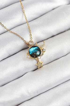 316L Çelik Zirkon Taşlı Gezegen Model Gold Renk Kadın Kolye