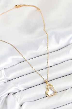 316L Çelik Zirkon Taşlı Kalp Model Gold Renk Kadın Kolye