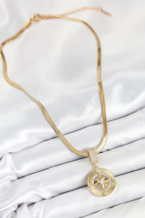 316L Çelik Zirkon Taşlı Pusula Model Gold Renk Kadın Kolye