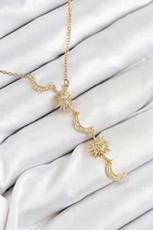 316L Çelik Zirkon Taşlı Güneş Ve Ay Model Gold Renk Kadın Kolye