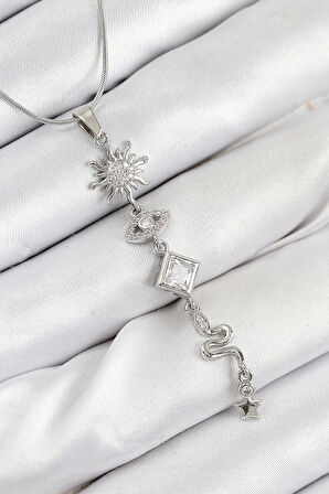 316L Çelik Zirkon Taşlı Güneş Ve Ay Enerji Model Gümüş Renk Kadın Kolye