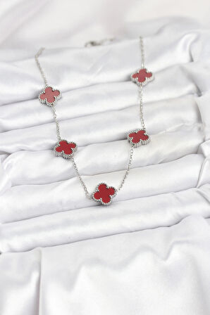 316L Çelik Zincir Gümüş Renk Bordo Renk Yonca Kadın Kolye