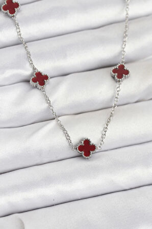 316L Çelik Zincir Gümüş Renk Bordo Baby Boy Yonca Kadın Kolye