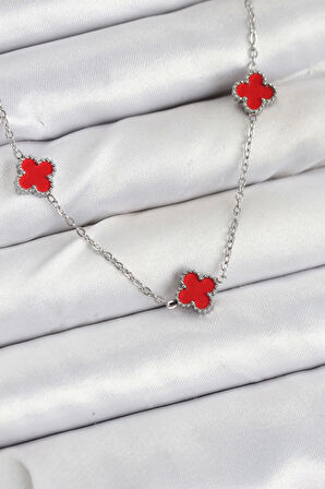 316L Çelik Zincir Gümüş Renk Kırmızı Baby Boy Yonca Kadın Kolye