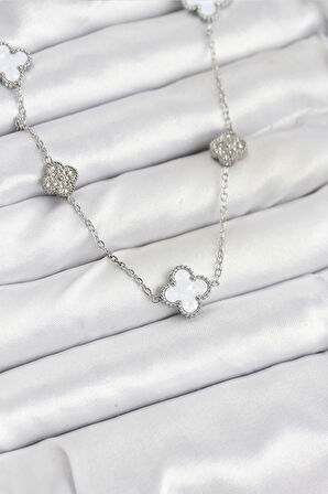 316L Çelik Zincir Gümüş Renk Beyaz ve Zirkon Taşlı Yonca Kadın Kolye