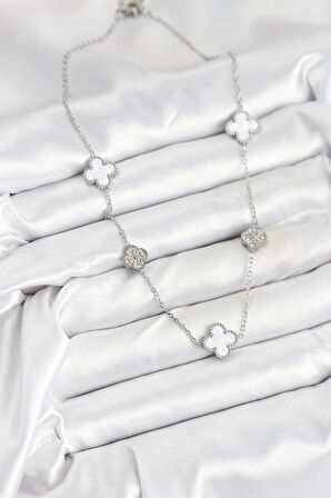 316L Çelik Zincir Gümüş Renk Beyaz ve Zirkon Taşlı Yonca Kadın Kolye