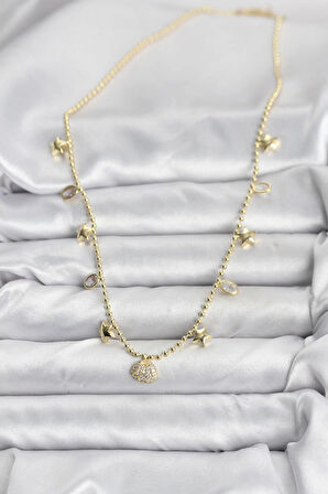 Pirinç Gold Renk Zirkon Taşlı Deniz Kabuğu Model Kadın Kolye