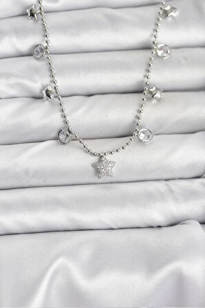 Pirinç Gümüş Renk Yıldız Model Kadın Kolye
