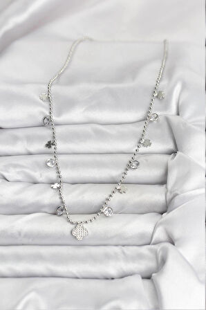 Pirinç Gümüş Renk Yonca Model Kadın Kolye