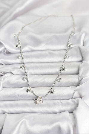 Pirinç Gümüş Renk Zirkon Taşlı Kutup Yıldızı Model Kadın Kolye