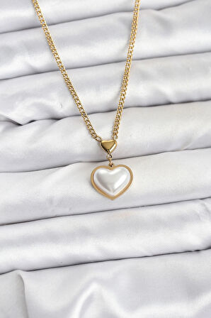 316L Çelik Zincir Gold Renk Bombeli Kalp Model Kadın Kolye