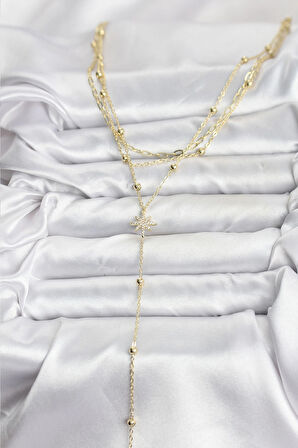 Pirinç Gold Renk Kutup Yıldızı Detaylı 3'lü Kombin Kadın Kolye