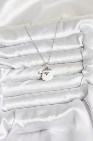 316L Çelik Zincir Gümüş Renk Şapkalı Kardan Adam Kafası Model Yılbaşı Temalı Kadın Kolye