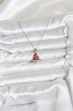 316L Çelik Zincir Gümüş Renk Kırmızı Çam Ağacı Model Yılbaşı Temalı Kadın Kolye