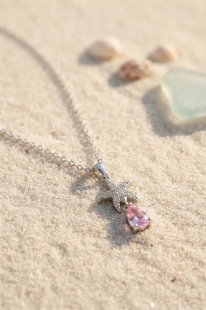 316L Çelik Zincir Gümüş Renk Yıldız Model Pembe Damla Taş Model Kolye