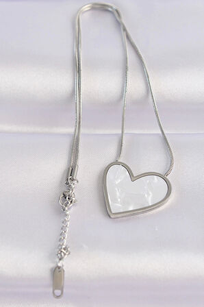 316L Çelik Zincir Gümüş Renk Mermer Desenli Kalp Kolye