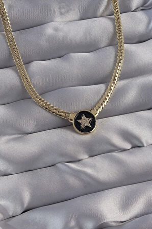 Pirinç Gold Renk Zirkon Taşlı Yıldız Model Siyah Mineli Ezme Zincirli Serenay Kolyesi