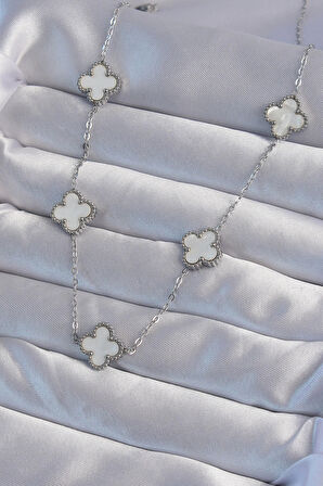 316L Çelik Gümüş Renk Beyaz Sedefli Yonca Kolye