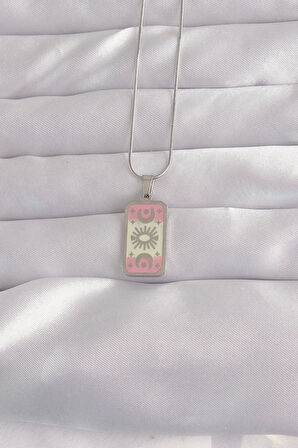 316L Çelik Gümüş Renk Pembe Mineli Ay Figür Tarot Kolye