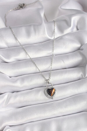 316L Çelik Gümüş Renk Zincir Kilit Kalp Kehribar Boncuk Model Kadın Kolye