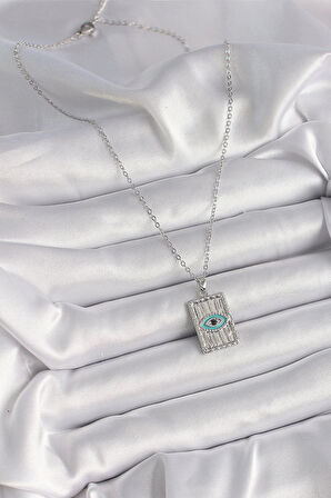 316L Çelik Gümüş Renk Zirkon Taşlı Göz İşleme Detaylı Plaka Model Kadın Kolye