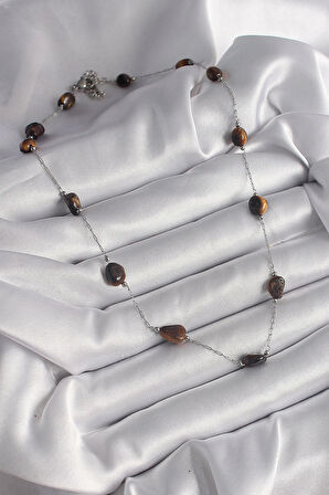 316L Çelik Gümüş Renk Zincir Kahverengi Doğaltaş Model Kadın Kolye