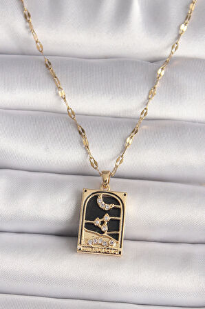 316L Çelik Gold Renk Zirkon Taşlı Ay Figürlü Tarot Model Kadın Kolye