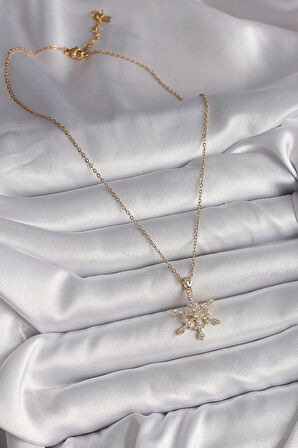 316L Çelik Gold Renk Zincir Zirkon Taşlı Kar Tanesi Model Kadın Kolye