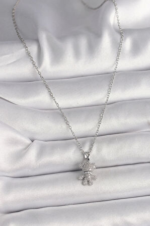 316L Çelik Gümüş Renk Zincir Zirkon Taşlı Ayıcık Figür Kadın Kolye