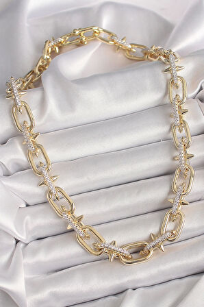 Pirinç Gold Renk Zirkon Taşlı Dikenli Halka Model VIP Exculusive Seri Kadın Kolye