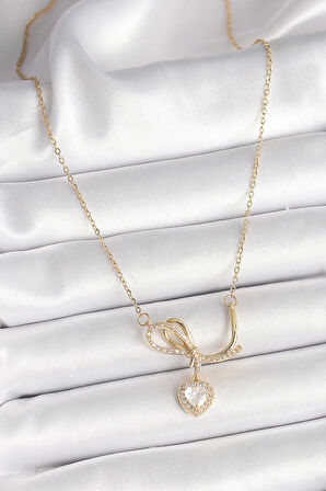 316L Çelik Gold Renk Zincir Zirkon Taşlı Düğüm Sallantı Kalp Model Kadın Kolye