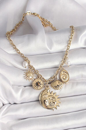 316L Çelik Gold Renk Ay Güneş Figür Deniz Kabuğu Detay Kadın Kolye