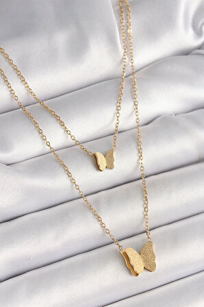 316L Çelik Gold Renk 2'Li Simli Kelebek Model Kadın Kolye