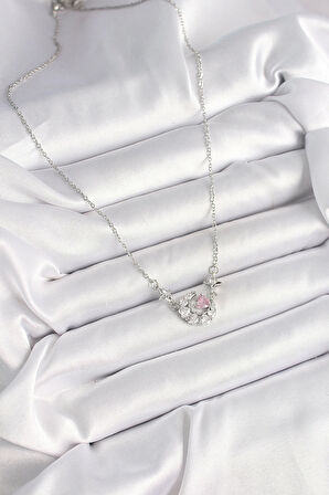 316L Çelik Gümüş Renk Zirkon Taşlı Hilal Pembe Kalp Model Kadın Kolye