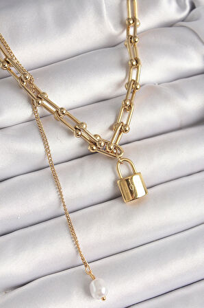 316L Çelik Gold Renk Tiffany Zincir Model Kilit Figür Sallantı İnci Detay Kadın Kolye