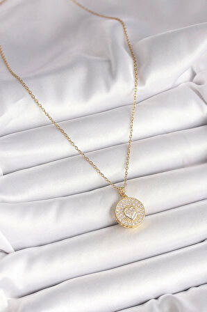 316L Çelik Gold Renk Zincir Madalyon Zirkon Taşlı Kalp Model Kadın Kolye
